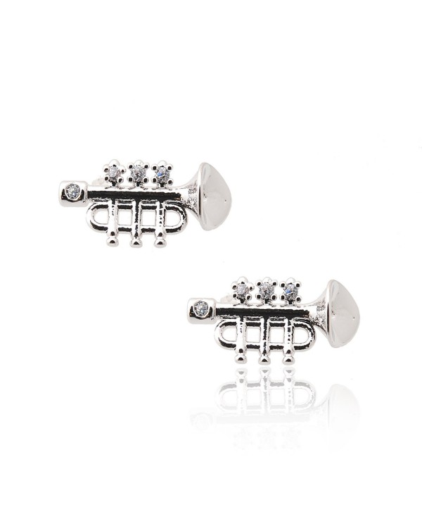 Spinningdaisy Silver Plated Pave Cubic Musical Instrument Earrings (Trumpet) - CI110VGK947