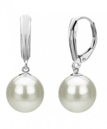Sterling Silver 14mm White Round Simulated Shell Pearl Lever-back Earrings - CQ12HE23EGF