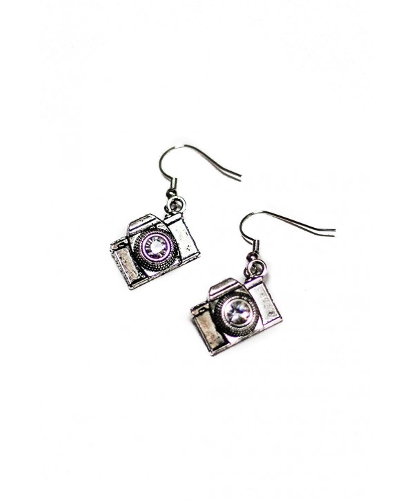 SLR Camera with Crystal Lens Silver Toned Dangle Earrings - C212DA4E38N