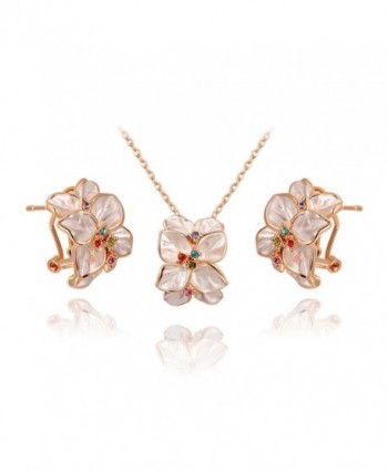 Ornaments Women's Jewelry Set Earrings Necklace Rose Gold White Flower Ear Clip - CG11O0XYNOT