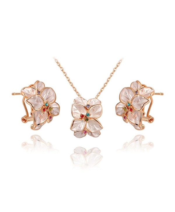 Ornaments Women's Jewelry Set Earrings Necklace Rose Gold White Flower Ear Clip - CG11O0XYNOT