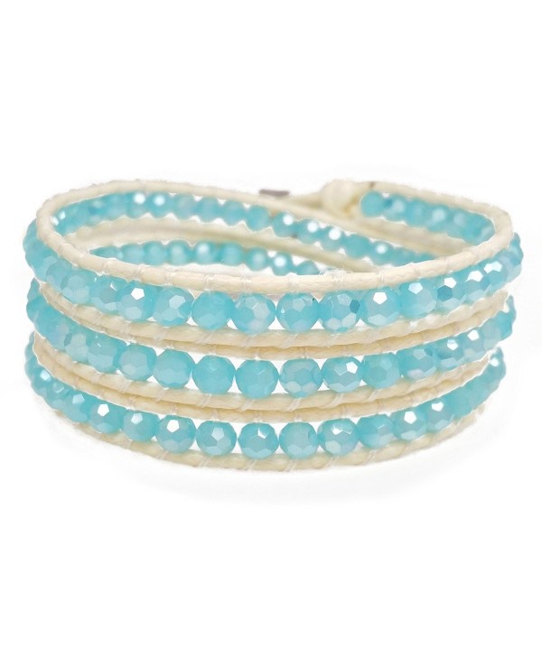 Women's Beaded Wrap Bracelet- Sky Blue Faceted Beads- Handmade 3 Wrap - C312MA3NQOD