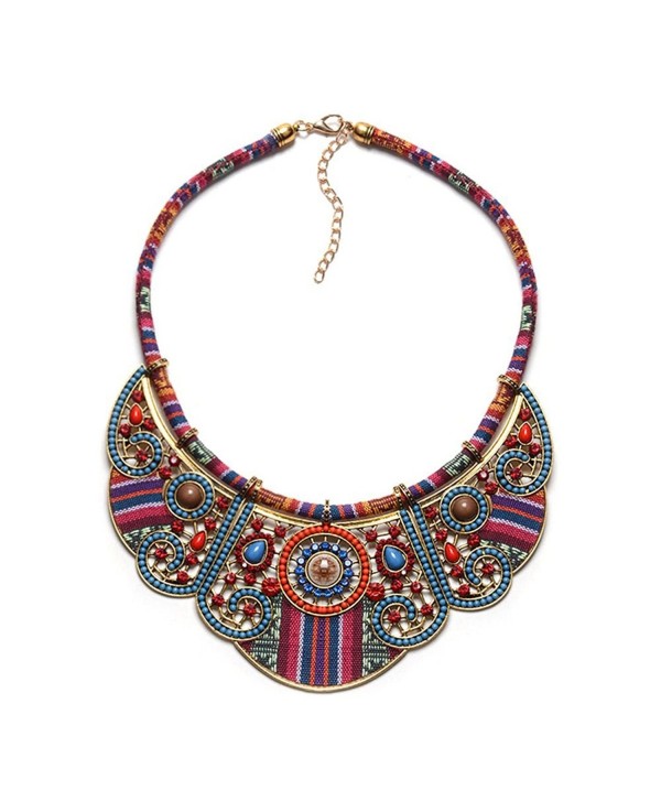 Jewelrydress Women Bohemian Ethnic Personality Unique Handmade Colorful Embroidery Bib Statement Necklace - Blue - CU12O52OW8Q