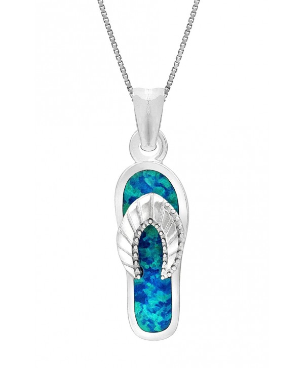 Sterling Silver Flip Flop Necklace Pendant with Simulated Blue Opal and 18" Box Chain - CJ128NZ3Q0V