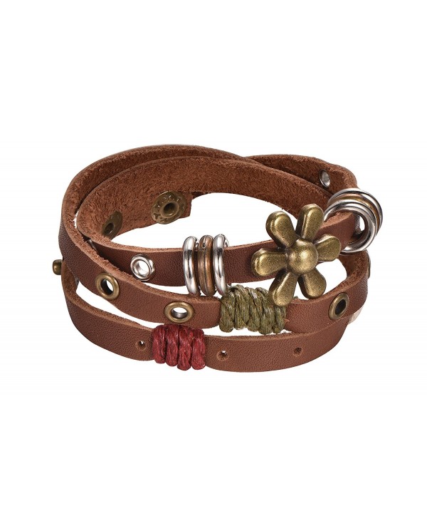 Brown Leather Rope Wrap Bracelet with Metal Alloy Flower Charm- Beads- and Twine- By Regetta Jewelry - CL12DU3O137