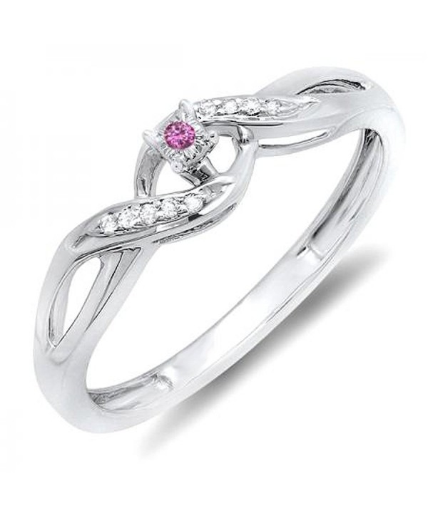 Sterling Silver Round Pink sapphire & White Diamond Crossover Swirl Bridal Promise Engagement Ring - CN11IVFYLO9