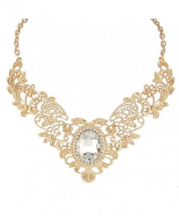 BriLove Women's Vintaged Inspired Floral Pattern Oval Crystal Pendant Statement Necklace Clear Gold-Tone - C411RZ6TTZV