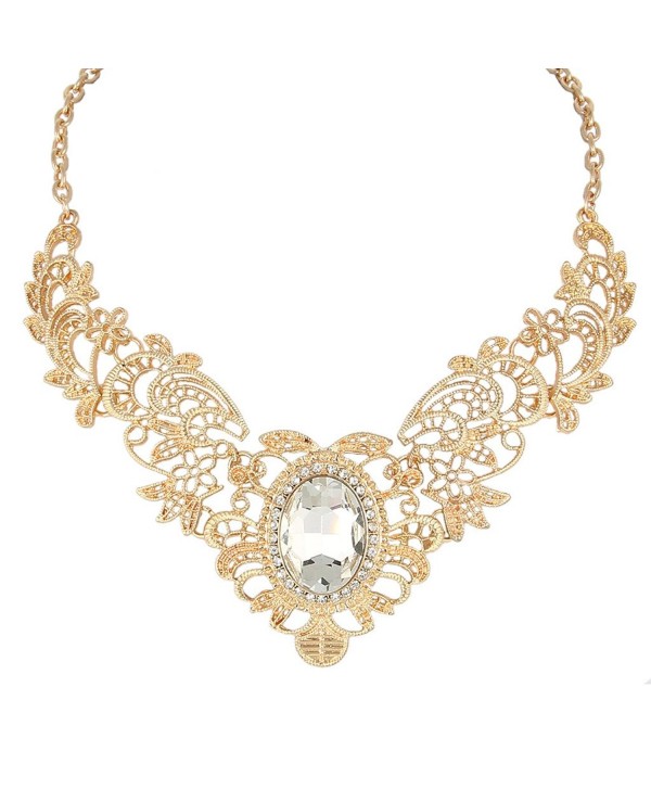 BriLove Women's Vintaged Inspired Floral Pattern Oval Crystal Pendant Statement Necklace Clear Gold-Tone - C411RZ6TTZV