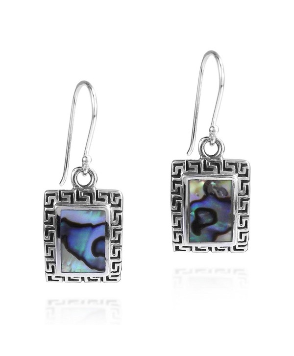 Peacock Abalone Shell Greek Key Frame .925 Sterling Silver Dangle Earrings - CB11KMTSF0N