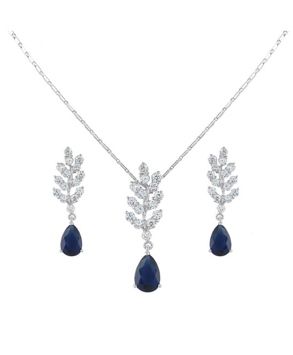 EVER FAITH Women's Cubic Zirconia Art Deco Tear Drop Leaf Necklace Earrings Set Blue Silver-Tone - CQ11PI2YPS5