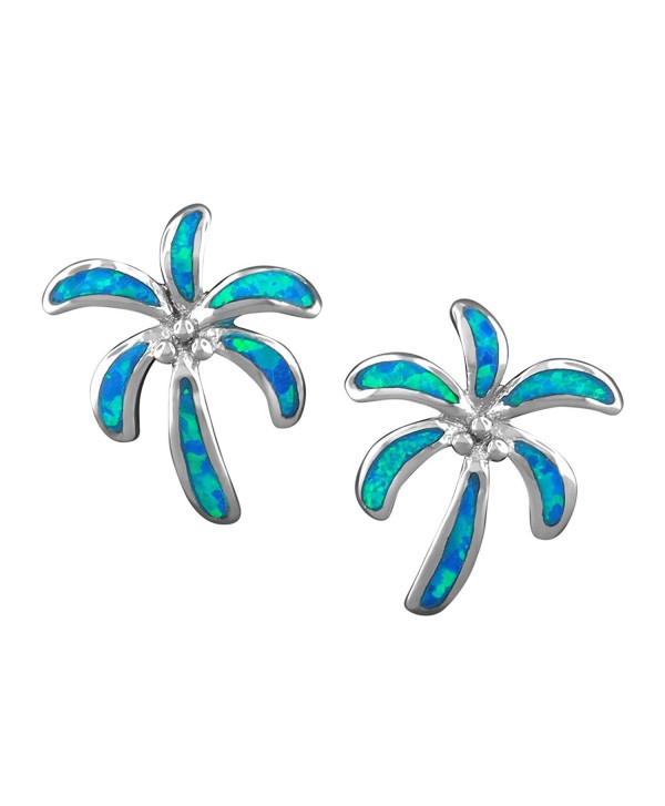 Sterling Silver Synthetic Blue Opal Palm Tree Stud Earrings - C812B0P5IZ7