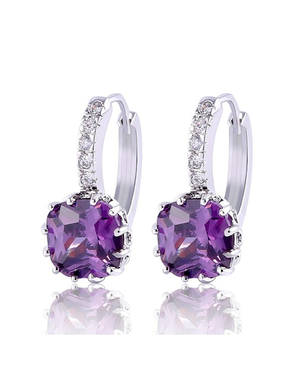 GULICX Bling White Gold Electroplated Purple Amethyst Color Cubic Zirconia Huggie Hoop Earrings - CX11XF6ZNMD