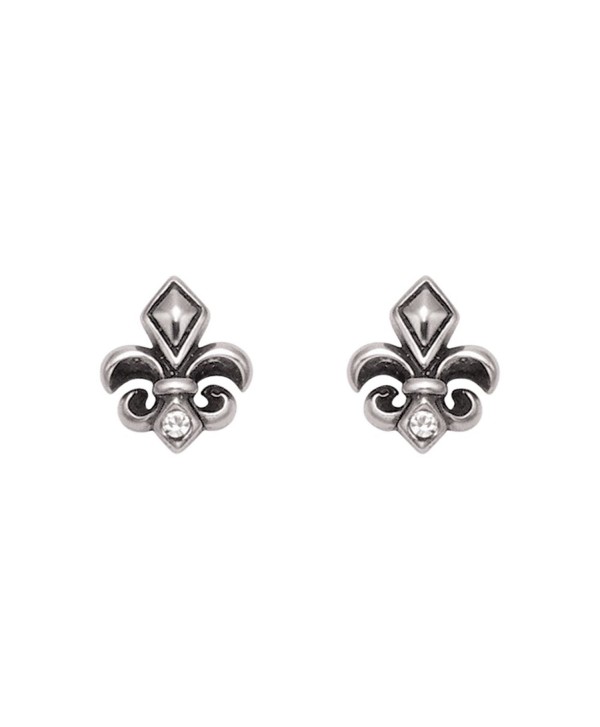 Stainless Steel Fleur De Lis Stud Earrings w/Faceted Crystal Stones - C6119E75XJF