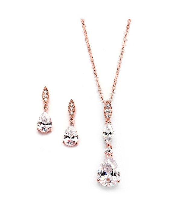 Mariell 14K Rose Gold Plated Teardrop CZ Wedding Necklace and Earrings Set for Bridal or Bridesmaids - CU17Y4U82SI