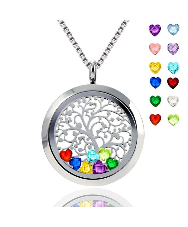 Floating Locket Pendant Necklace Heart Crystal Family Tree of Life Necklace All Birthstone Charms Include - CS186IEDMMM