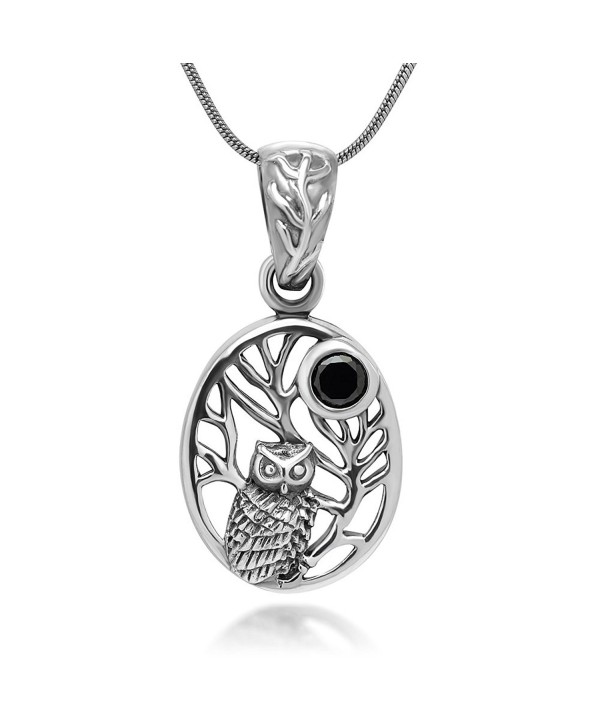 925 Oxidized Sterling Silver Owl Tree Midnight Black CZ Full Moon Oval Pendant Necklace- 18 inches - CK11V0OJWUV