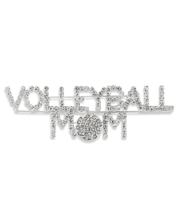 Proud Volleyball Mom Silver Tone Pave Clear Crystal Script Pin Brooch Sport - CG11QI5Q62T