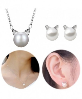 Cat Studs Necklace Ear Crawler Earrings Cuff Climber Imitation Pearl Mini Kitten Collarbone Chain Jewelry - CO17Z72CX6Q