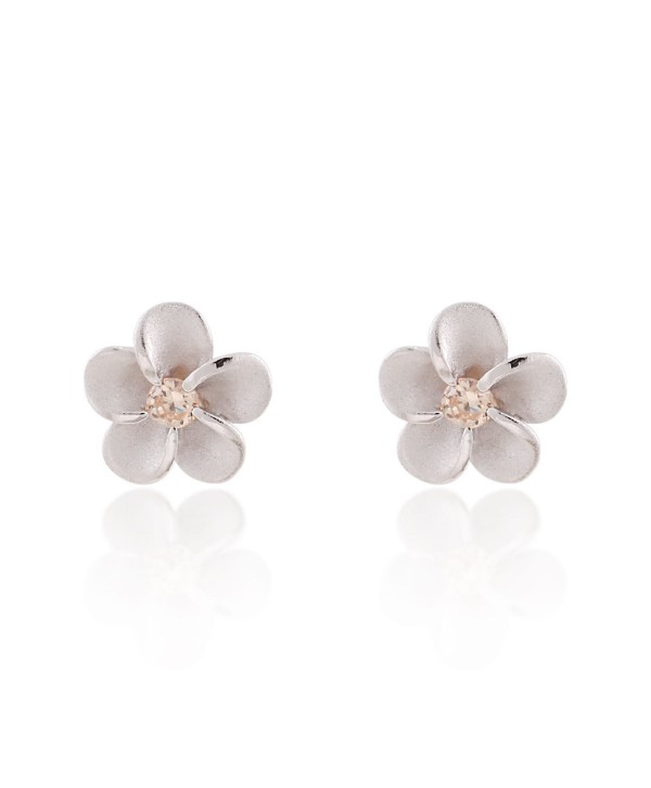 925 Sterling Silver Mini Plumeria Hawaiian Flower with Cubic Zirconia- Matte Finish Stud Earrings - C311NUV17JB