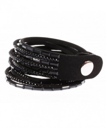 RoseSummer Fashion Leather Wrap Wristband Cuff Punk Crystal Rhinestone Bracelet Bangle - Black - C612H2UE2MT