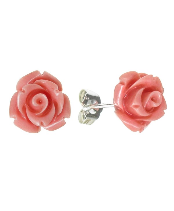 Sterling Silver Simulated Pink Coral Rose Earrings Stud Post 10mm - CC127YP0B9Z