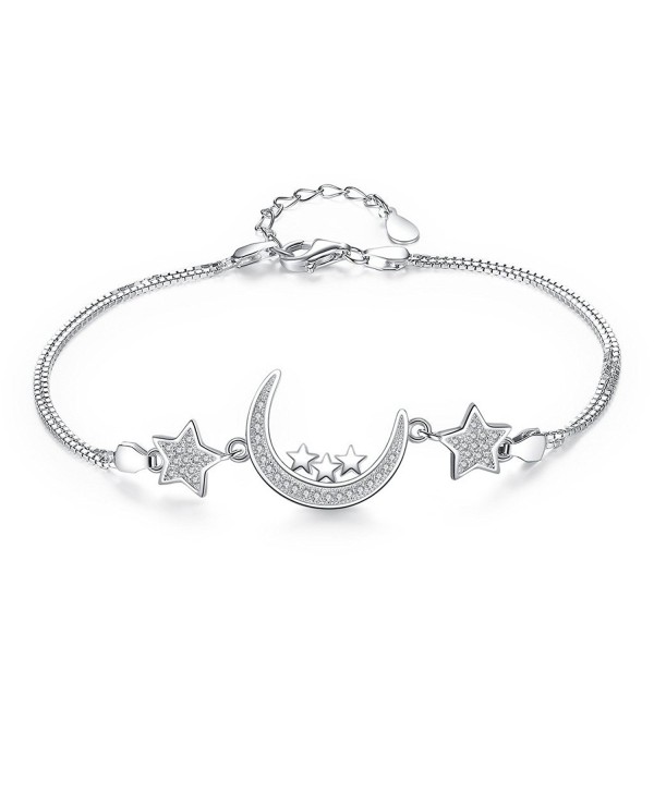 EVER FAITH 925 Sterling Silver CZ Bling Moon and Stars Bracelet Double Chain Clear - C2120S8SHH3