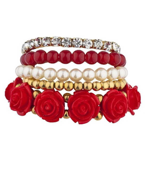 Lux Accessories Goldtone Red Pearl Flower Beaded Rhinestone Stretch Bracelet 5PC - CL17YQUDRDW