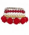 Lux Accessories Goldtone Red Pearl Flower Beaded Rhinestone Stretch Bracelet 5PC - CL17YQUDRDW