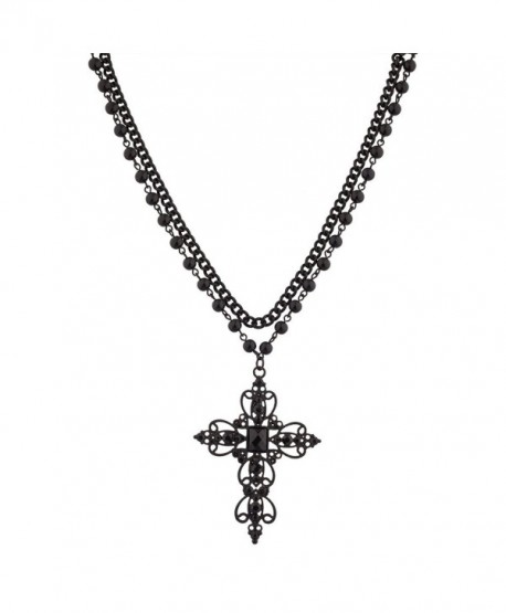 Lux Accessories Classic 80s Gothic Black Rosary Style Cross Pendant Necklace - CZ11WNX3IJT