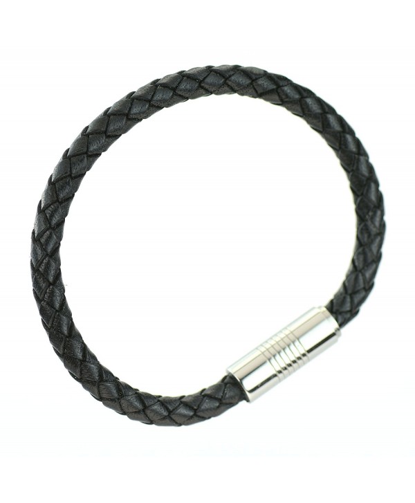 Black Braided Round Leather Bracelet with Stainless Steel magnetic ...