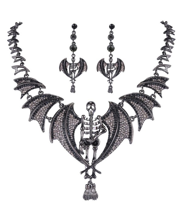 EVER FAITH Black-Tone Austrian Crystal Gothic Style Skull Bat Necklace Earrings Set Black - CG122NYI6XZ