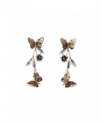 Antique Gold Butterfly Front To Back 2 In 1 Double Sided Long Drop Earrings - CQ12HKHH0AJ