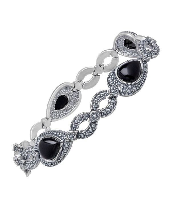 Black Agate and Marcasite Bracelet in Sterling Silver-Plated Brass- 7.25" - CM11XYXO355