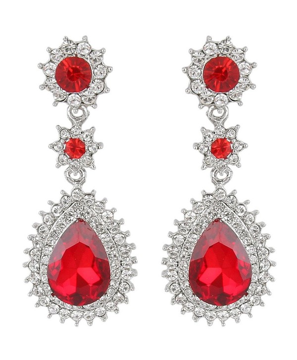 EleQueen Women's Austrian Crystal Dazzling Flower Tear Drop Wedding Dangle Earrings - Silver-tone Ruby Color - CG122CQL71H