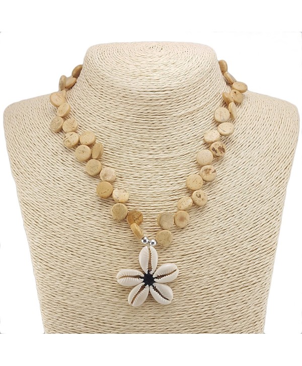 Cowrie Flower Pendant on Wood Disk Bead Necklace - Natural - CM12MXA9DZX