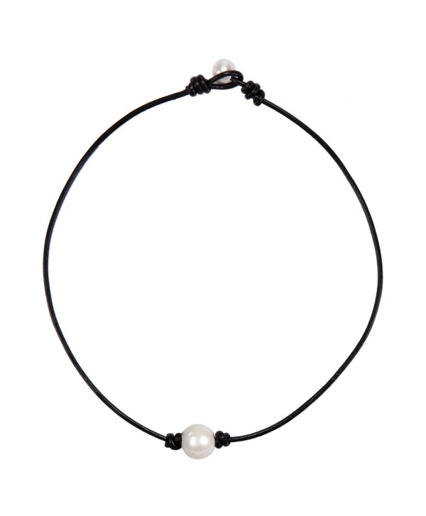 Barch Single Pearl Choker Necklace on Genuine Leather Cord for Women Handmade Choker Jewelry Gift - C712H1NQ21B