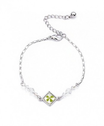 Stainless Steel Real Four (4) Leaf Clover Shamrock Square Charm Bracelet - CN11OVBK5QZ