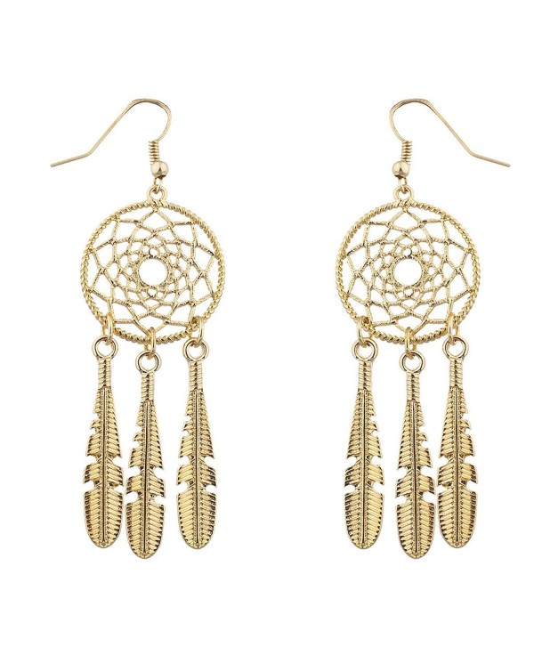 Lux Accessories Boho Gold Tone Casted Dreamcatcher Feather Dangle Earrings - CT12MGSVEMD
