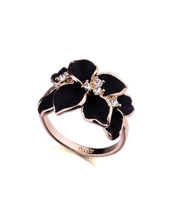 Acefeel Rose Gold Plated AAA Zircon Crystal Luxurious Black Enamel Flower Design Cocktail Ring - CP122DL1347