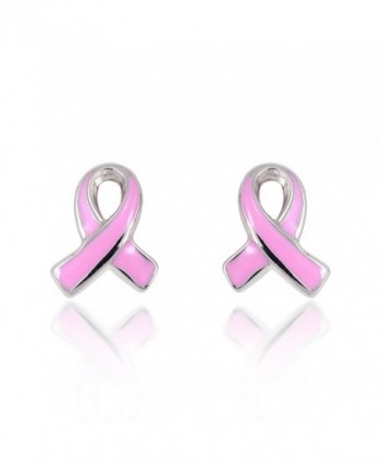 Children's 925 Sterling Silver Pink Breast Cancer Ribbon 10 mm Post Stud Earrings - CL11TZT3KU1