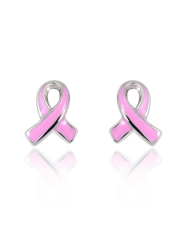Children's 925 Sterling Silver Pink Breast Cancer Ribbon 10 mm Post Stud Earrings - CL11TZT3KU1