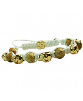 Amber Crystal Agate Beaded Shamballa Gold Skull Bracelet White Macrame Cord - C111R151I3H