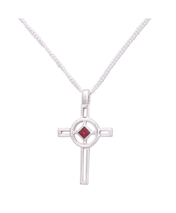 NOVICA .925 Sterling Silver and Garnet Cross Pendant Necklace- 16.25"- 'Celtic Cross' - C9111GQBBE3