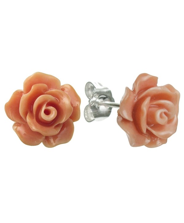 Sterling Silver Simulated Pink Orange Coral Rose Earrings Stud Post 10mm - CA127YP0EGP