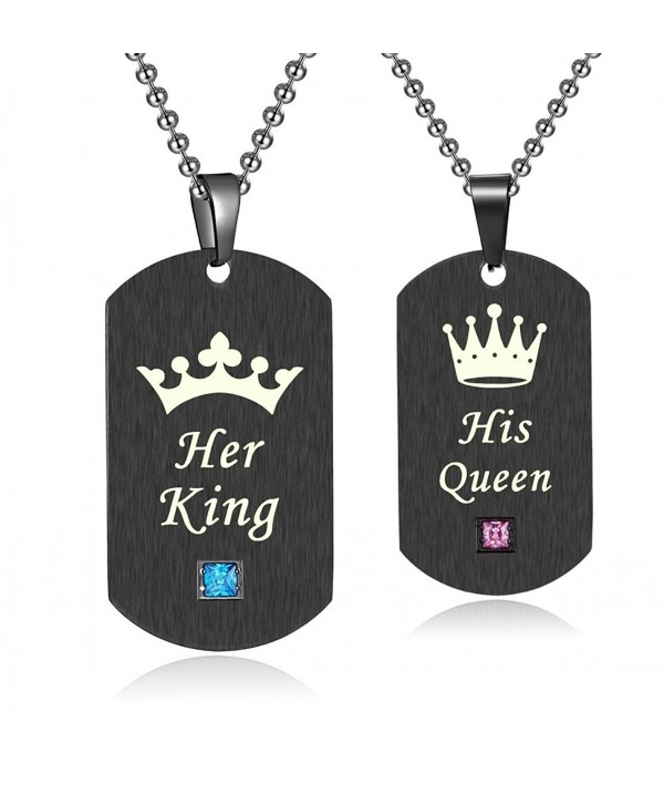 His and Hers Matching Set Stainless Steel "His Queen" and "Her King" Couple Pendant Necklace- NK529 - CN1879GGXZE