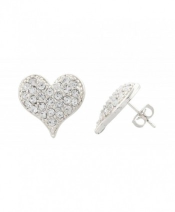 Silvertone Medium Size Iced Out 3D Heart Stud Earrings - CL11JSLPXQ5