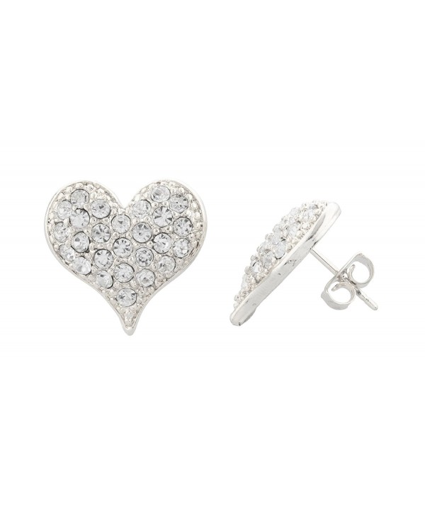 Silvertone Medium Size Iced Out 3D Heart Stud Earrings - CL11JSLPXQ5