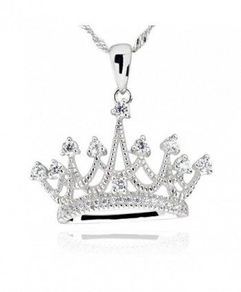 Sterling Silver Round Cubic Zirconia Crown Pendant Necklace 18" Chain - C412G9VJHQD