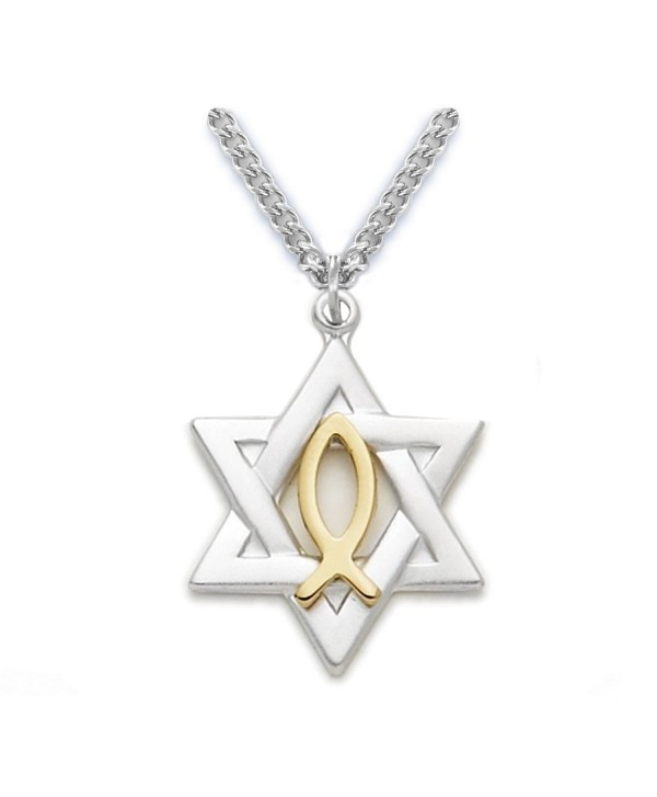 Sterling Silver Star of David with Gold Tone Ichthus Fish Pendant- 7/8 Inch - CG1149QZQ4X