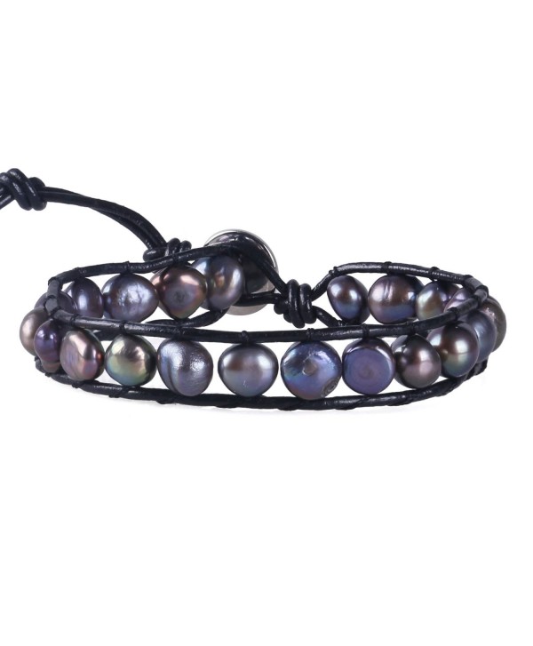 KELITCH Blue Simulation-Freshwater-Pearls Single Wrap Bracelet on Black Leather - C412FTM2P4T